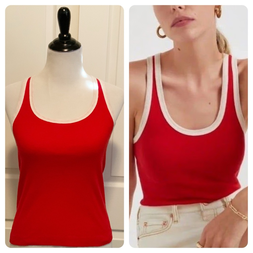 RE/DONE Hanes Ribbed Cotton Tank Top - Red with White Trim - Size S